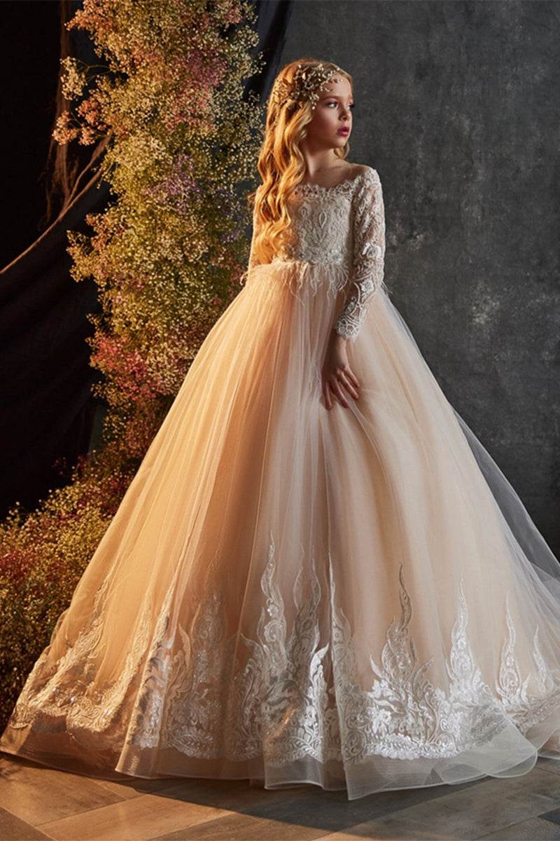 A-Line Illusion Long Sleeve Tulle Sweep-Brush Train Flower Girl Dresses 772649272412 - COCOMELODY